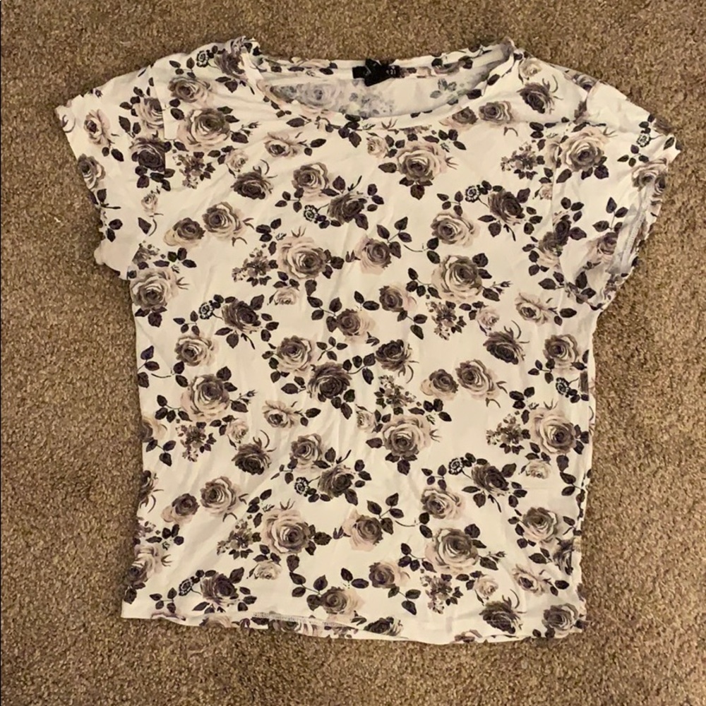 Forever 21 White & Brown Floral T-Shirt